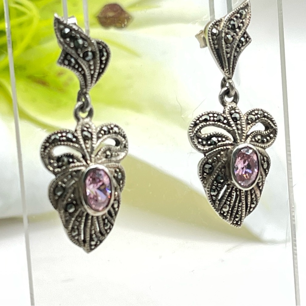 SOLD-FAS 925 Sterling, Amethyst/Marcasite Dangle Pierced Earrings